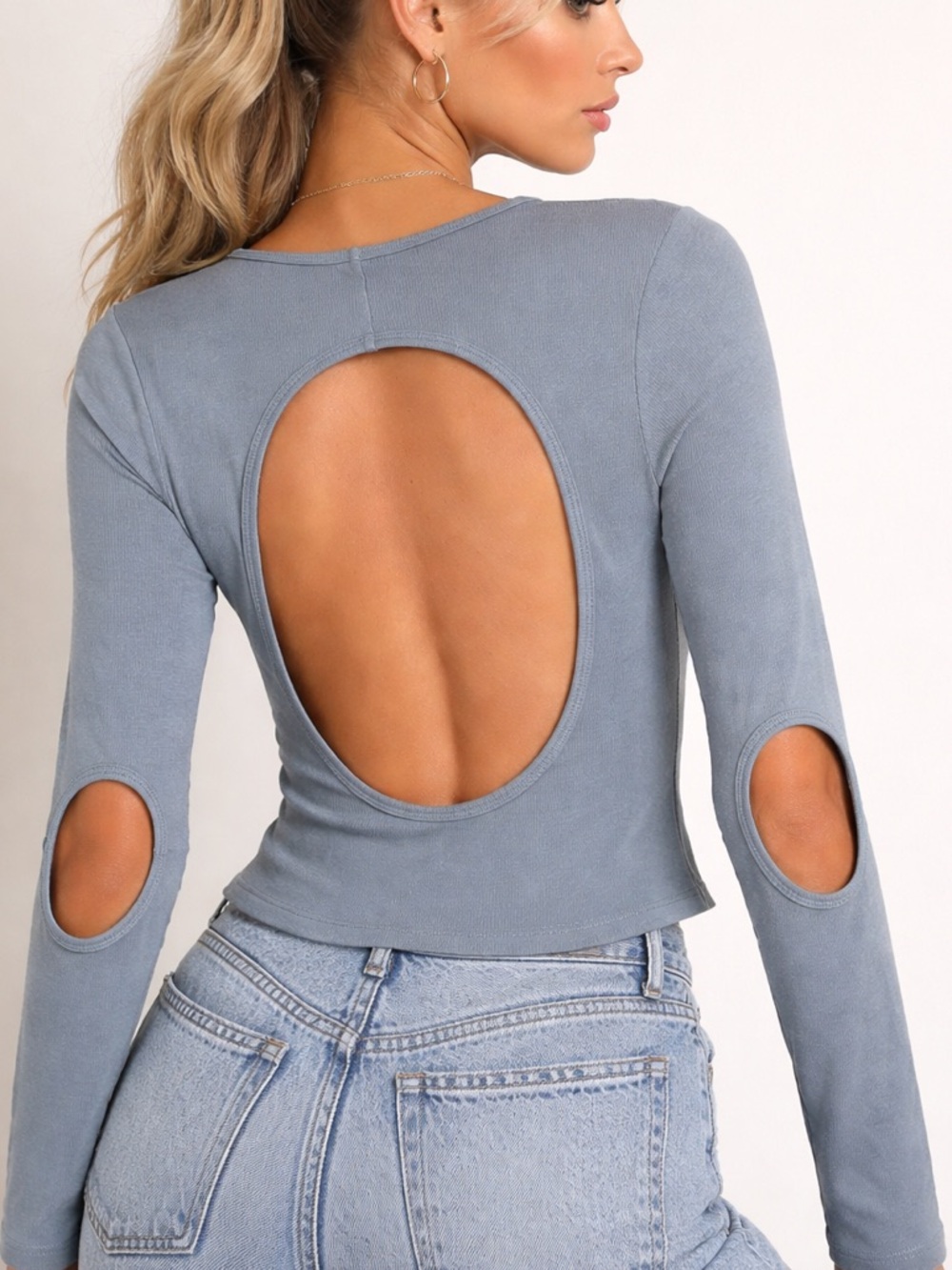 Zara Open-Back Long Sleeve Top in Dusty Blue